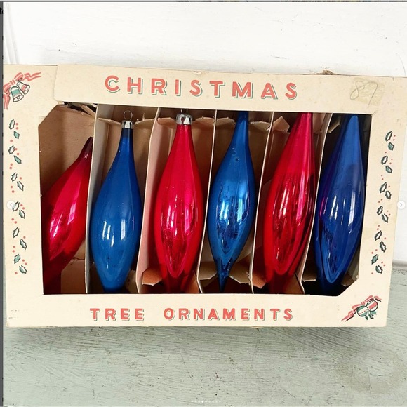 Vintage Christmas Ornaments Icicle Glass Patriotic Americana Poland Box Set 6B - Picture 4 of 9